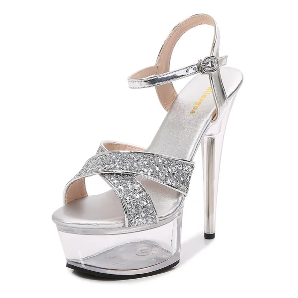 Sexy Noire Club de carnaval Paillettes Sandales Femme 2021 Bride Cheville 15 cm Talons Aiguilles Peep Toes / Bout Ouvert Sandales Talons Hauts