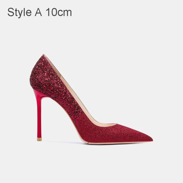 Charmant Rouge Mariage Cuir Paillettes Chaussure De Mariée 2021 10 cm Talons Aiguilles À Bout Pointu Escarpins