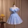 Charming Sky Blue Glitter Appliques Short Party Dresses 2024 Off-The-Shoulder Short Sleeve Backless Formal Dresses