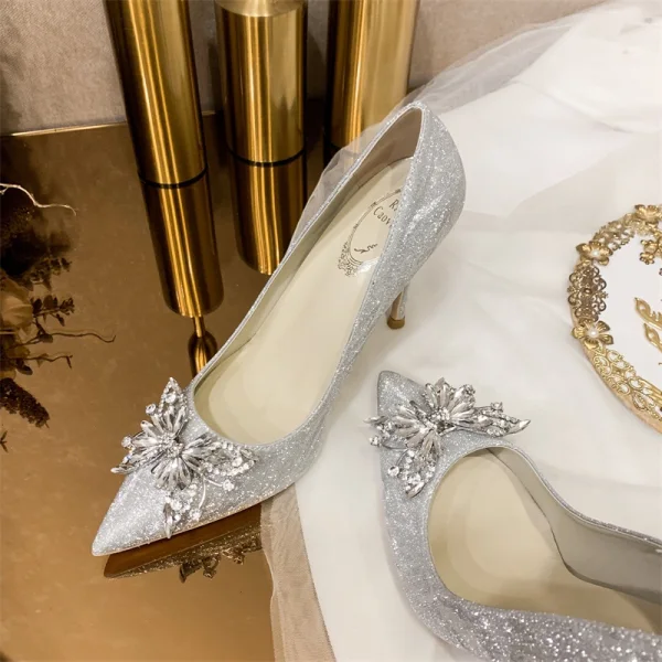 Uroczy Szary Cekinami Cekiny Rhinestone Motyl Buty Ślubne 2021 10 cm Szpilki Szpiczaste Ślub Czółenka