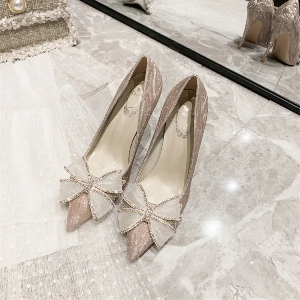 Charming Silver Rhinestone Bow Wedding Shoes 2021 Leather 10 cm Stiletto Heels Pointed Toe Wedding Pumps