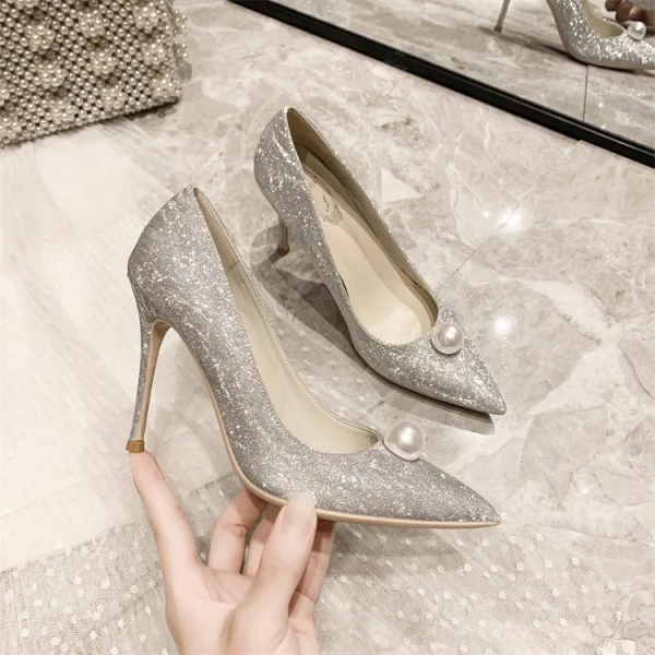 Sparkly Champagne Pearl Sequins Wedding Shoes 2021 Leather 10 cm Stiletto Heels Pointed Toe Wedding Pumps
