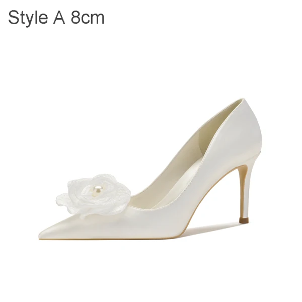 Élégant Ivoire Mariage Perle Satin Fleur Chaussure De Mariée 2021 8 cm Talons Aiguilles À Bout Pointu Escarpins