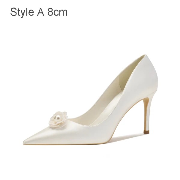 Élégant Ivoire Satin Chaussure De Mariée 2021 Perle Fleur 8 cm Talons Aiguilles À Bout Pointu Mariage Escarpins
