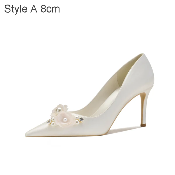 Elegant Satin Ivory Pearl Rhinestone Wedding Shoes 2021 8 cm Stiletto Heels Pointed Toe Wedding Pumps