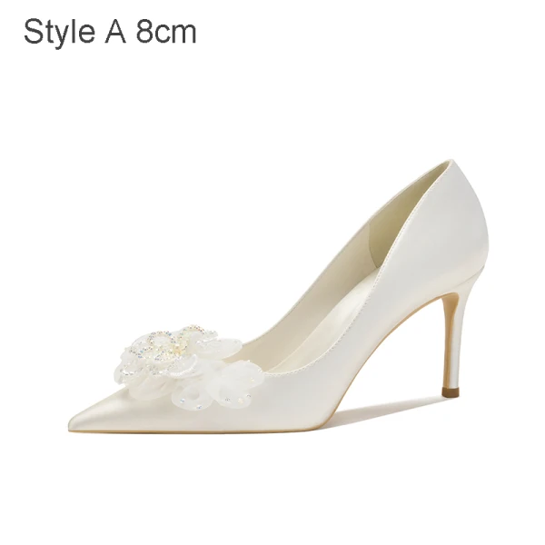 Chic Ivoire Satin Chaussure De Mariée 2021 Fleur 8 cm Talons Aiguilles À Bout Pointu Mariage Escarpins
