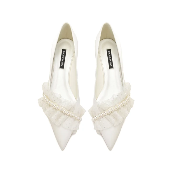 Stilig Elfenben Perle Satin Flate Brudesko 2021 Spisse Bryllup Pumps