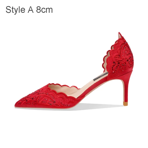 Chinese style Red Satin Rhinestone Wedding Shoes 2021 8 cm Stiletto Heels Pointed Toe Wedding Heels