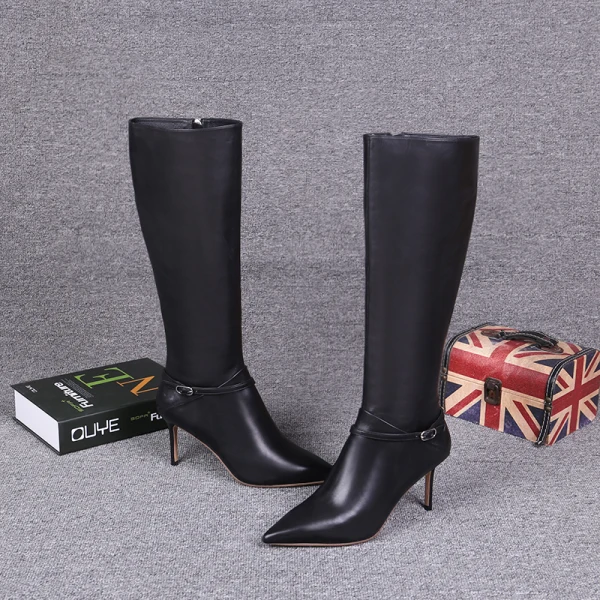 Klassieke Winter Zwarte Straatkleding Mid Kalf Sandalen Dames 2021 Leer 8 cm Naaldhakken / Stiletto Spitse Neus Laarzen