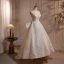 Elegant Beige Pearl Lace Flower Prom Dresses 2024 A-Line / Princess Spaghetti Straps Sleeveless Backless Bow Floor-Length / Long Prom Formal Dresses