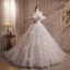 Elegant White Appliques Cascading Ruffles Prom Dresses 2024 A-Line / Princess Spaghetti Straps Short Sleeve Backless Sweep Train Prom Prom Dresses