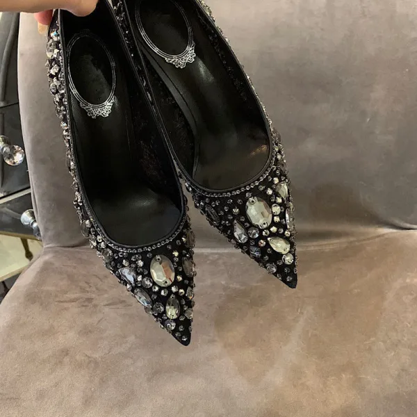 Sparkly Charming White Lace Rhinestone Wedding Shoes 2021 Tulle 7 cm Stiletto Heels Pointed Toe Wedding Pumps