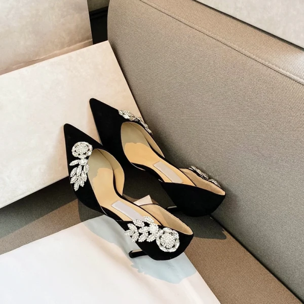 Sexy Black Evening Party Rhinestone Open Side Womens Shoes 2021 Leather 8 cm Stiletto Heels Pointed Toe Heels