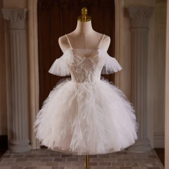 Chic Beautiful White Pearl Lace Flower Short Cascading Ruffles Party Dresses 2024 Ball Gown Spaghetti Straps Sleeveless Backless Formal Dresses