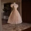Chic / Beautiful Champagne Beading Pearl Sequins Flower Party Dresses 2024 Ball Gown High Neck Puffy Short Sleeve Backless Tea-length Cocktail Party Evening Party