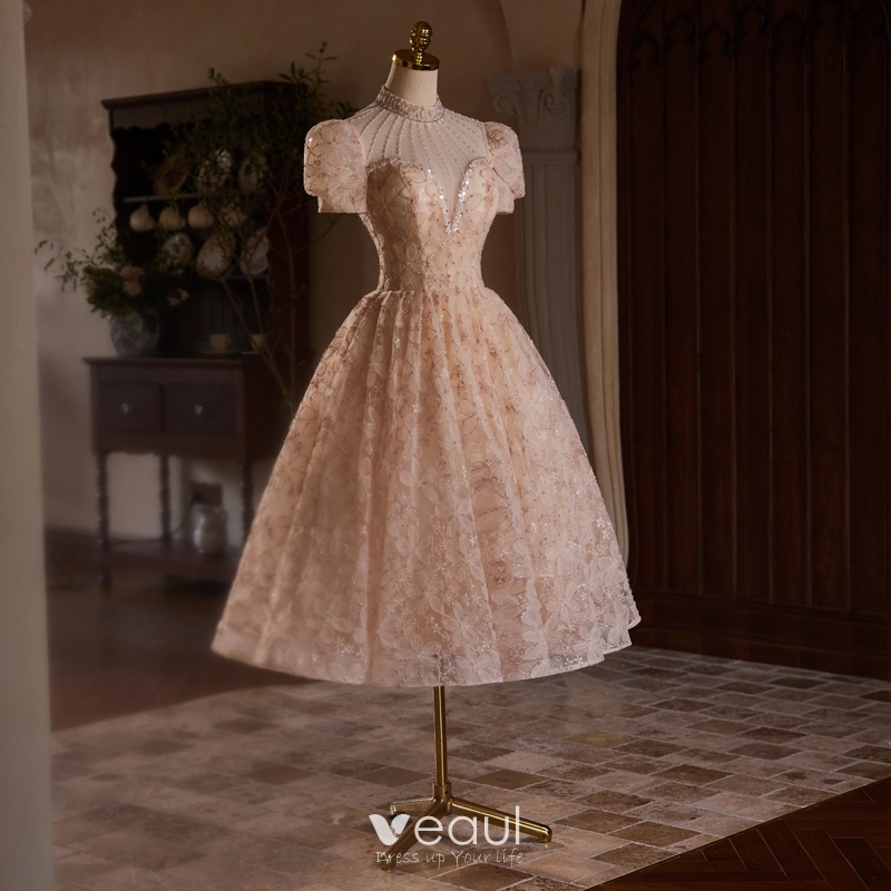 Pink Tulle Floral Bead Backless Tea Length Prom Dress