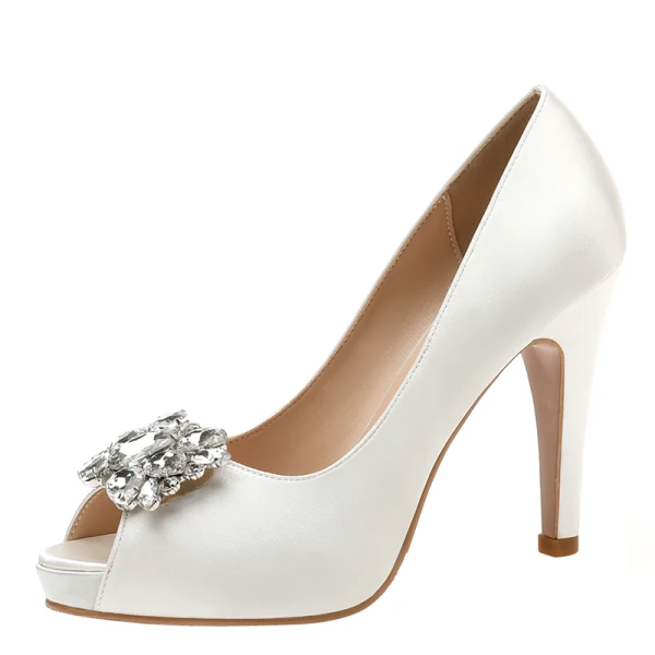 Classy Ivory Satin Rhinestone Wedding Shoes 2021 10 cm Stiletto Heels Open / Peep Toe Wedding Heels
