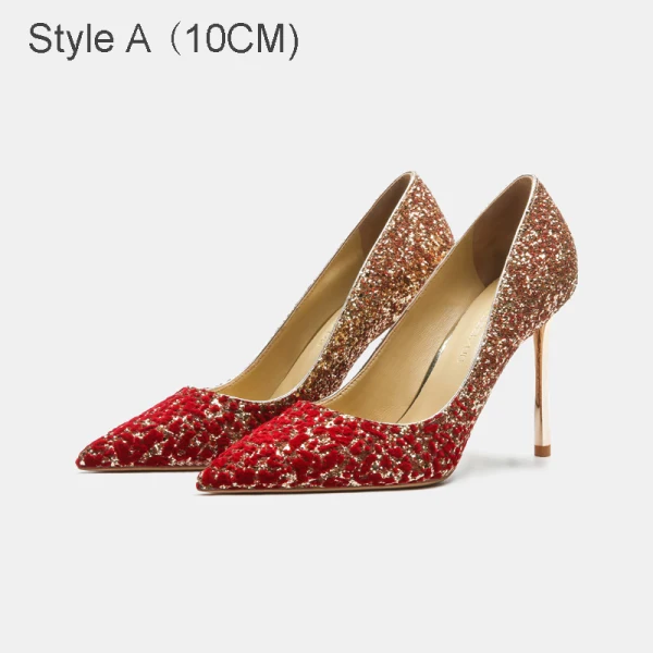 Glitzernden Charmant Gold Rot Pailletten Brautschuhe 2021 Leder 10 cm Stilettos Spitzschuh Hochzeit Pumps