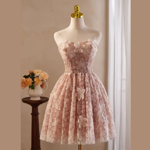 Vintage / Retro Blushing Pink Appliques Birthday Party Dresses 2024 Ball Gown Off-The-Shoulder Short Sleeve Backless Knee-Length Formal Dresses