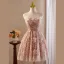 Vintage / Retro Blushing Pink Appliques Birthday Party Dresses 2024 Ball Gown Off-The-Shoulder Short Sleeve Backless Knee-Length Formal Dresses