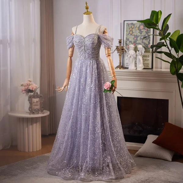 Bling Bling Lavender Beading Rhinestone Sequins Prom Dresses 2024 Ball Gown Off-The-Shoulder Short Sleeve Backless Floor-Length / Long Prom Formal Dresses