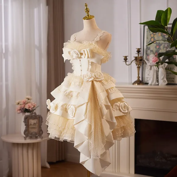 Elegant Champagne Cascading Ruffles Appliques Satin Party Dresses 2024 Ball Gown Spaghetti Straps Sleeveless Backless Knee-Length Formal Dresses
