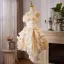 Elegant Champagne Cascading Ruffles Appliques Satin Party Dresses 2024 Ball Gown Spaghetti Straps Sleeveless Backless Knee-Length Formal Dresses