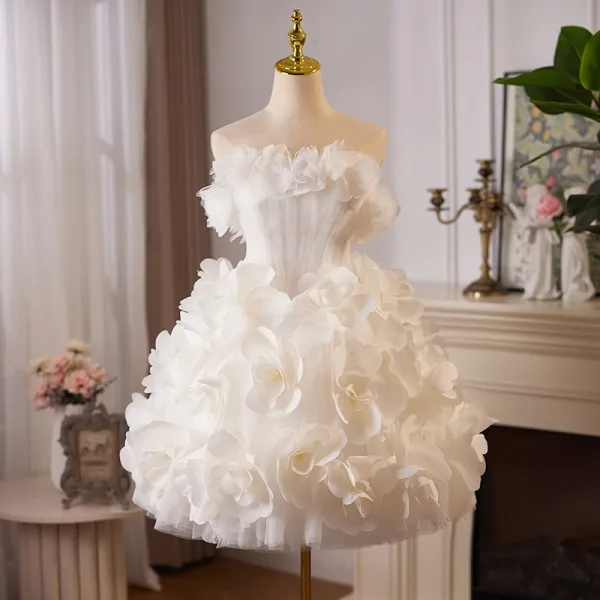Flower Fairy White Cascading Ruffles Appliques Short Prom Dresses 2024 Ball  Gown Strapless Sleeveless Backless Prom Formal Dresses