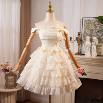 Chic Beautiful Champagne Appliques Cascading Ruffles Short Party Dresses 2024 A Line Princess Off The Shoulder Sleeveless Backless Prom Formal Dresses