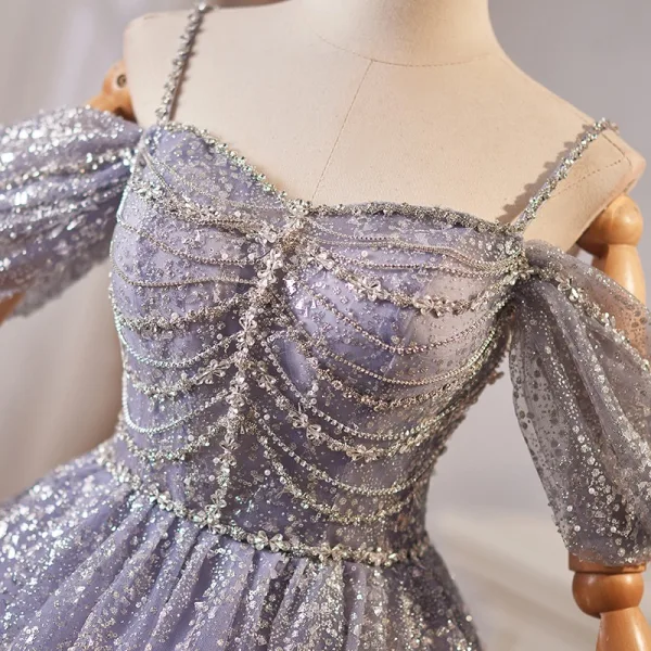 Sexy Lavendel Perlenstickerei Perle Strass Pailletten Kurze Partykleider 2024 A Linie Spaghettiträger Ärmellos Rückenfreies Tülle Festliche Kleider