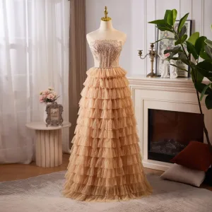 Charming Gold Beading Sequins Pearl Pleated Prom Dresses 2024 A Line Princess Strapless Sleeveless Backless Floor Length Long Prom Formal Dresses