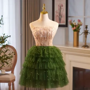 Chic Belle Vert Perle Paillettes Courte Volants En Cascade Robe De Bal 2024 Princesse Bustier Sans Manches Dos Nu Promo Robe De Ceremonie