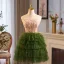 Chic / Beautiful Green Pearl Sequins Short Cascading Ruffles Prom Dresses 2024 A-Line / Princess Strapless Sleeveless Backless Prom Formal Dresses