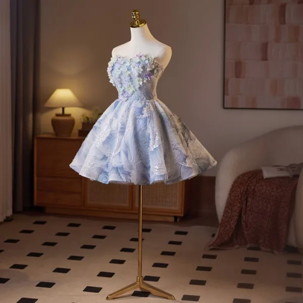 Charming Sexy Sky Blue Beading Pearl Sequins Appliques Short Party Dresses 2025 Ball Gown Strapless Sleeveless Backless Cocktail Party Evening Party