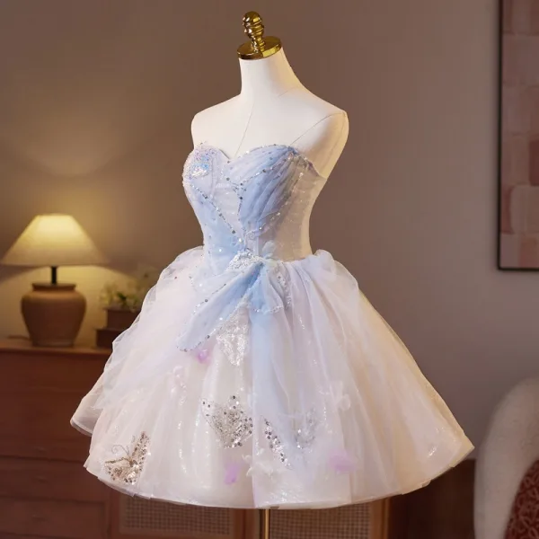 Sexy Sky Blue Beading Pearl Sequins Party Dresses 2025 Ball Gown Strapless Sleeveless Backless Floor-Length / Long Cocktail Party Evening Party Formal Dresses