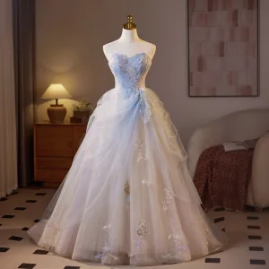 Chic Beautiful Sky Blue Beading Pearl Sequins Prom Dresses 2025 Ball Gown Strapless Sleeveless Backless Floor Length Long Prom Formal Dresses