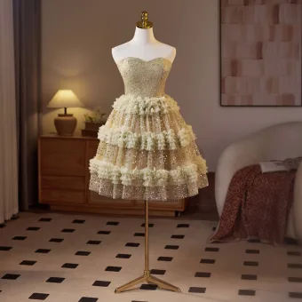 Brillante Oro Rebordear Perla Lentejuelas Cortos Vestidos De Fiesta 2025 A Line Princess Sin Tirantes Sin Mangas Sin Espalda Fiesta Noche Vestidos Formales
