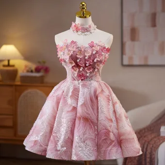 Sexy Rosa Perlenstickerei Perle Pailletten Applikationen Kurze Partykleider 2025 A Linie Bandeau Ärmellos Rückenfreies Cocktail Abend Festliche Kleider