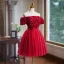 Chic / Beautiful Red Appliques Short Prom Dresses 2024 Ball Gown Off-The-Shoulder Short Sleeve Backless Prom Formal Dresses