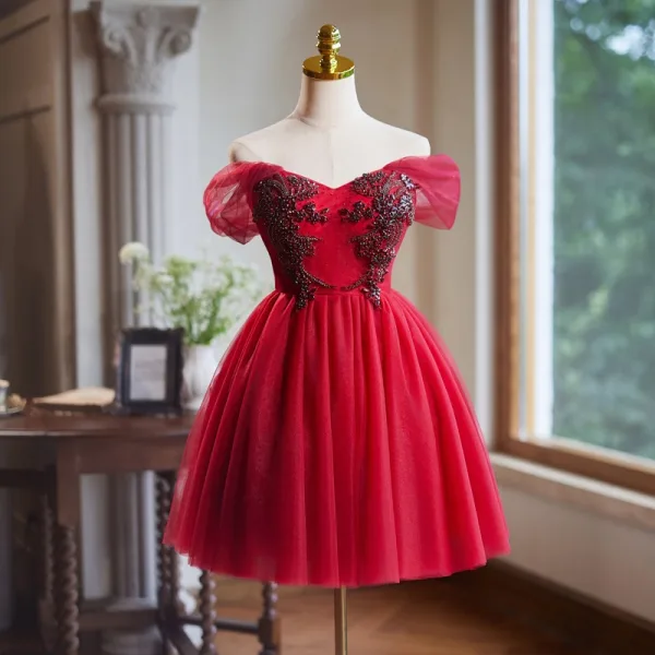 Chic / Beautiful Red Beading Short Prom Dresses 2024 Ball Gown  Off-The-Shoulder Short Sleeve Backless Prom Formal Dresses