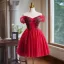 Chic / Beautiful Red Beading Short Prom Dresses 2024 Ball Gown Off-The-Shoulder Short Sleeve Backless Prom Formal Dresses