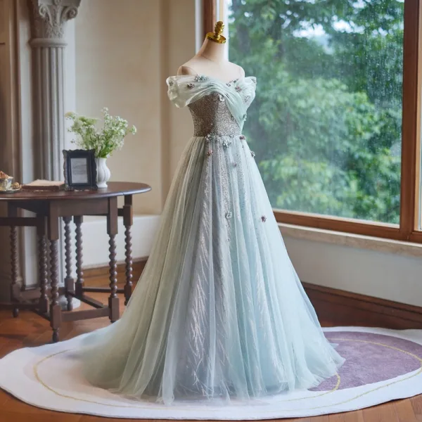 Charming Sage Green Beading Pearl Appliques Prom Dresses 2024 Ball Gown Off-The-Shoulder Short Sleeve Backless Floor-Length / Long Prom Formal Dresses