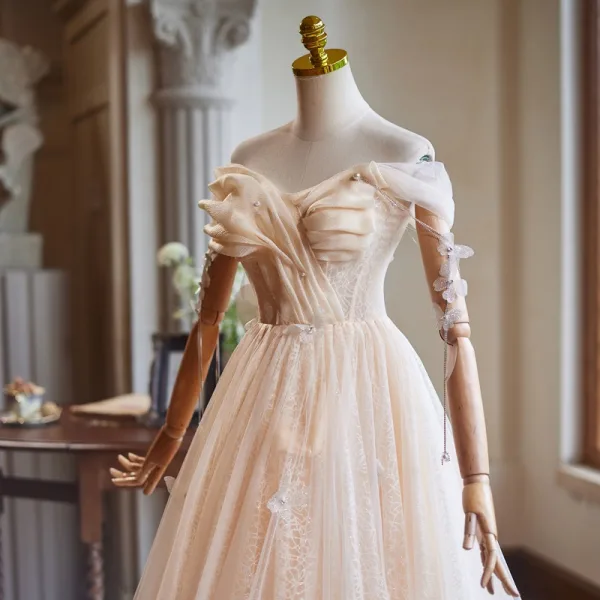 Chic / Beautiful Champagne Glitter Pearl Prom Dresses 2024 Ball Gown Off-The-Shoulder Short Sleeve Backless Floor-Length / Long Prom Formal Dresses