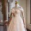 Chic / Beautiful Champagne Glitter Pearl Prom Dresses 2024 Ball Gown Off-The-Shoulder Short Sleeve Backless Floor-Length / Long Prom Formal Dresses