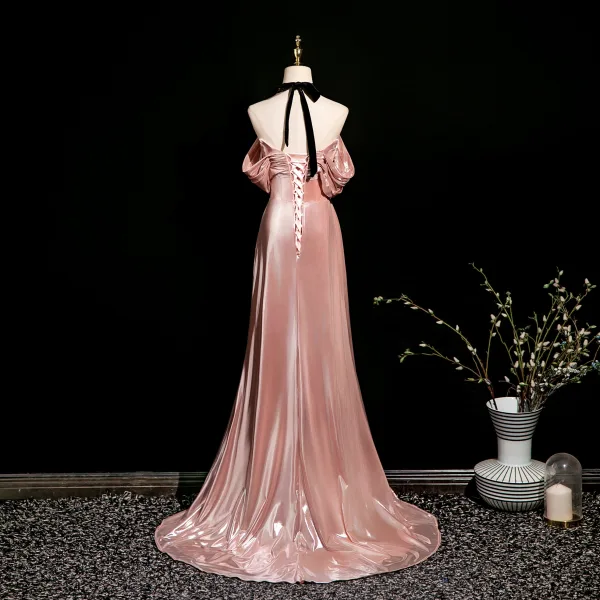 Sexy Rosa Gespaltete Front Glanz Abendkleider 2025 Meerjungfrau Bandeau Ärmellos Rückenfreies Sweep / Pinsel Zug Abend Festliche Kleider
