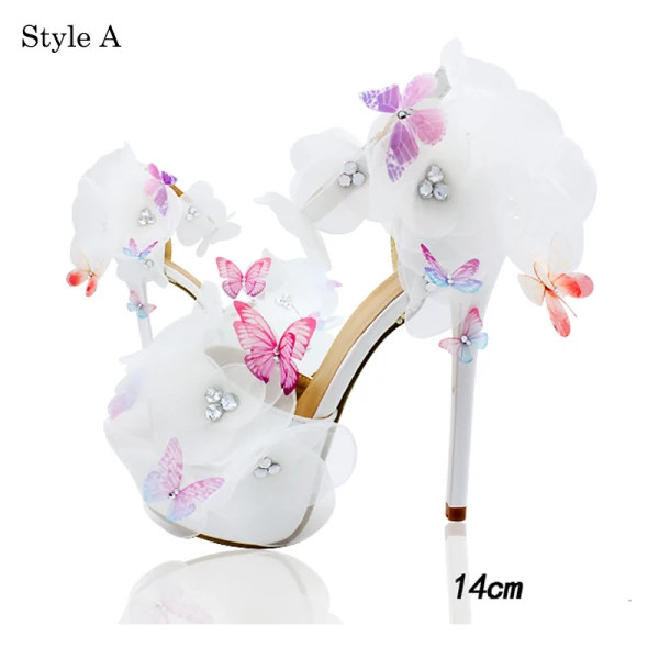 Chic / Beautiful White Summer Wedding Shoes 2018 Leather Butterfly Flower Rhinestone Ankle Strap 14 cm Stiletto Heels Open / Peep Toe Wedding High Heels