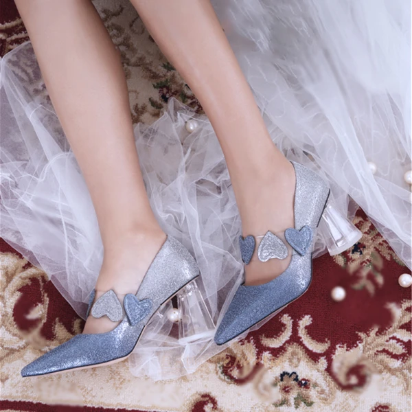 Schön Rosa Farbverlauf Kristall Brautschuhe 2021 Leder Herzförmig Pailletten 7 cm Thick Heels Spitzschuh Hochzeit Pumps