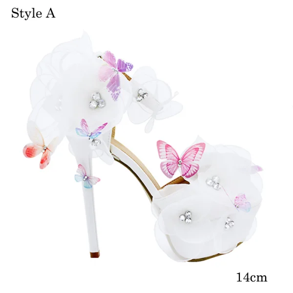Chic / Beautiful White Wedding Shoes 2018 Leather Butterfly Flower Rhinestone 14 cm Stiletto Heels Pointed Toe Wedding Pumps