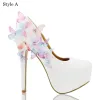 Chic / Beautiful White Wedding Shoes 2018 Leather Butterfly Rhinestone 14 cm Stiletto Heels Round Toe Wedding Pumps
