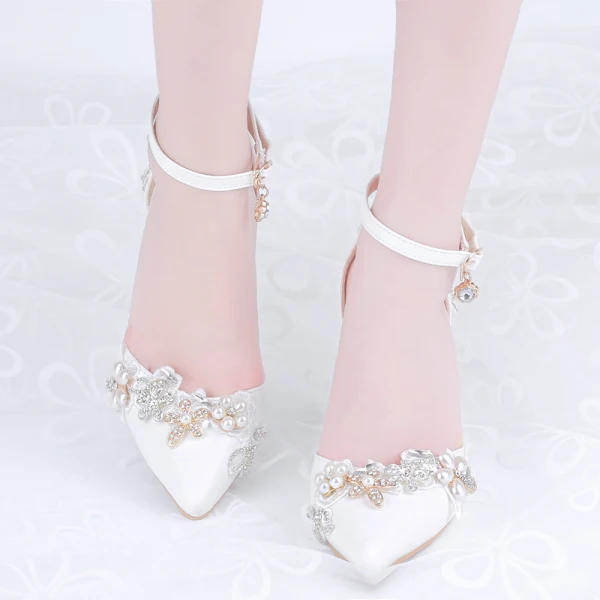 Charmant Schöne Ivory / Creme Perle Strass Brautschuhe 2021 Knöchelriemen 8 cm Stilettos Spitzschuh Hochzeit High Heels
